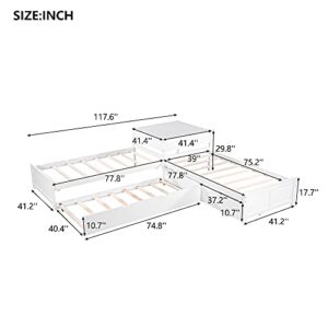 P PURLOVE L Shaped Twin Platform Bed with 2 Drawers, Wooden Platform Bed Frame with Trundle, Platform Bed with Built-in Square Table, Easy Assembly, No Box Spring Required, White