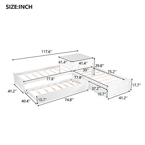 P PURLOVE L Shaped Twin Platform Bed with 2 Drawers, Wooden Platform Bed Frame with Trundle, Platform Bed with Built-in Square Table, Easy Assembly, No Box Spring Required, White