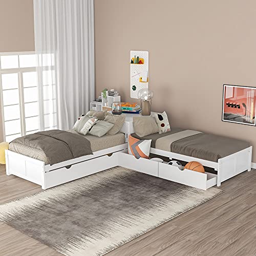 P PURLOVE L Shaped Twin Platform Bed with 2 Drawers, Wooden Platform Bed Frame with Trundle, Platform Bed with Built-in Square Table, Easy Assembly, No Box Spring Required, White