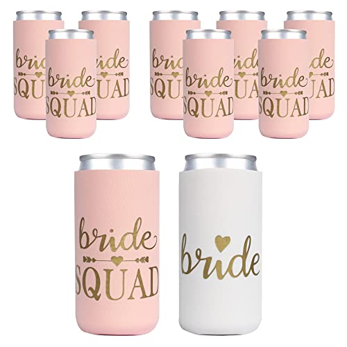 PartyGifts&Beyond 10Packs Bridemaids Can Cooler, Bride Squad Sleeve for Bachelorette Party Decoration(Pink), 14*9