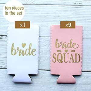 PartyGifts&Beyond 10Packs Bridemaids Can Cooler, Bride Squad Sleeve for Bachelorette Party Decoration(Pink), 14*9