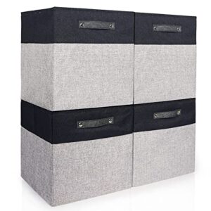 foldable storage bins 13x13 storage cubes fabric linen storage baskets for shelves drawer with handles for organizing closet, utility room, storage room, nursery, bedroom set of 4 black & grey