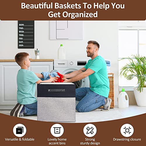 Foldable Storage Bins 13x13 Storage Cubes Fabric Linen Storage Baskets for Shelves Drawer with Handles for Organizing Closet, Utility Room, Storage Room, Nursery, Bedroom Set of 4 Black & Grey