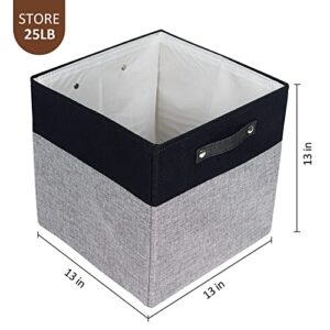 Foldable Storage Bins 13x13 Storage Cubes Fabric Linen Storage Baskets for Shelves Drawer with Handles for Organizing Closet, Utility Room, Storage Room, Nursery, Bedroom Set of 4 Black & Grey