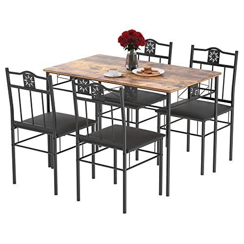 VECELO Kitchen Dinning Table for 4,Wooden Table and Cushion Chairs, 5-Piece Dinette Sets, Space Saving, Retro-Brown