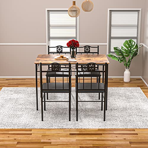 VECELO Kitchen Dinning Table for 4,Wooden Table and Cushion Chairs, 5-Piece Dinette Sets, Space Saving, Retro-Brown