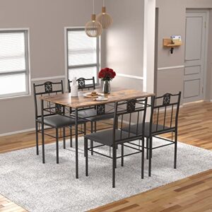 VECELO Kitchen Dinning Table for 4,Wooden Table and Cushion Chairs, 5-Piece Dinette Sets, Space Saving, Retro-Brown