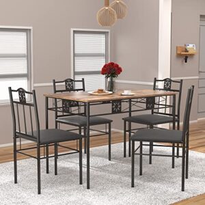 VECELO Kitchen Dinning Table for 4,Wooden Table and Cushion Chairs, 5-Piece Dinette Sets, Space Saving, Retro-Brown