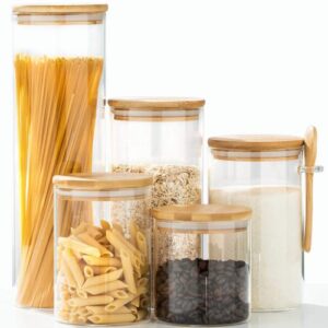 erised glass jars set of 5 food storage containers airtight food jars with bamboo wooden lids and spoon kitchen canisters for candy,cookie,rice,sugar,flour,pasta