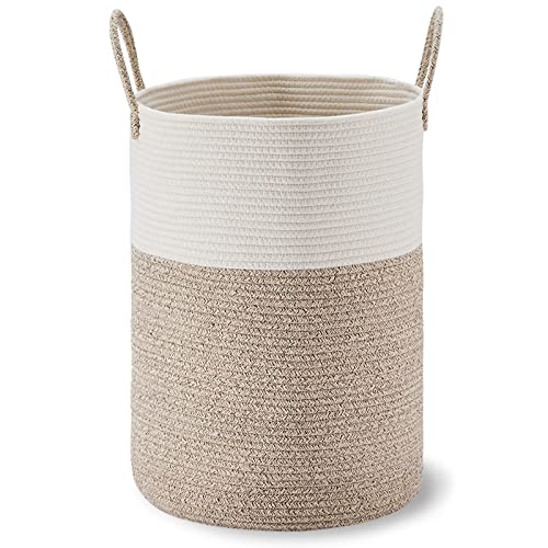 VIPOSCO Large Laundry Hamper, Tall Woven Rope Storage Basket for Blanket, Toys, Dirty Clothes in Living Room, Bathroom, Bedroom - 58L White & Brown