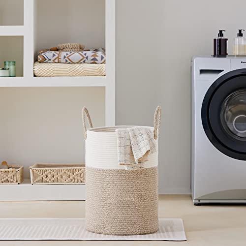 VIPOSCO Large Laundry Hamper, Tall Woven Rope Storage Basket for Blanket, Toys, Dirty Clothes in Living Room, Bathroom, Bedroom - 58L White & Brown