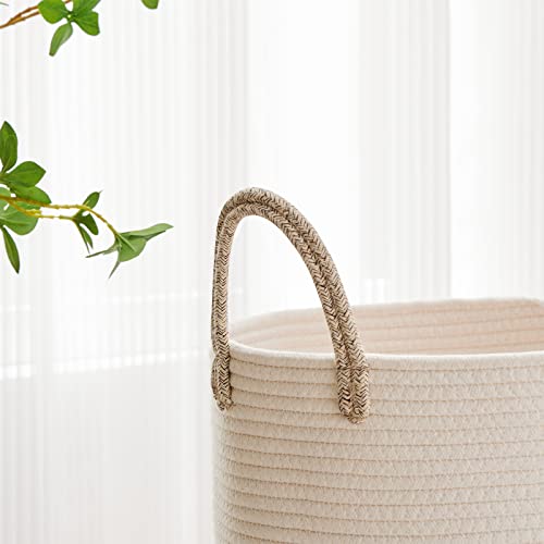 VIPOSCO Large Laundry Hamper, Tall Woven Rope Storage Basket for Blanket, Toys, Dirty Clothes in Living Room, Bathroom, Bedroom - 58L White & Brown