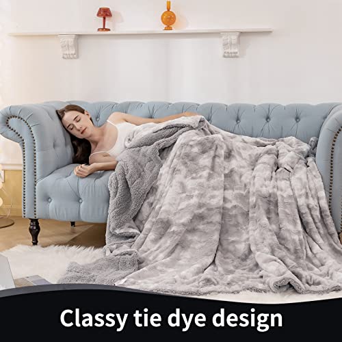 Aisbo Soft Faux Fur Blanket Throw Grey - Luxury Fuzzy Fluffy Warm Throw Blankets for Couch, Sofa, Thick Shaggy Small Blanket Tie Dye, 50x60 Inch