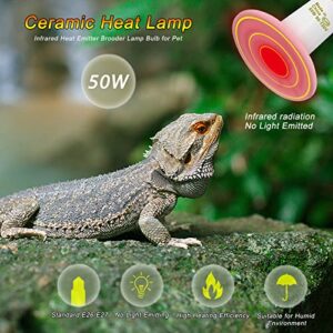 FIVEAGE 50W Ceramic Heat Lamp Bulb, Infrared Reptile Heat Emitter, Reptile Heat Bulbs, Pet Brooder Coop No Light No Harm for Snake Bearded Dragon Turtle-2 Pack