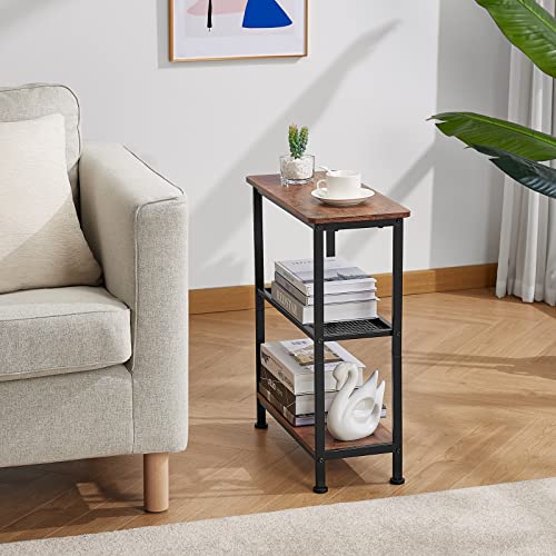 GIOPACO Narrow Side Table, End Table with 3 Tier Storage Shelves, Rustic Skiny End Tables for Small Spaces, Slim Couch Beside Table, Hallway Table for Living Room,Bedroom