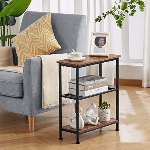 GIOPACO Narrow Side Table, End Table with 3 Tier Storage Shelves, Rustic Skiny End Tables for Small Spaces, Slim Couch Beside Table, Hallway Table for Living Room,Bedroom