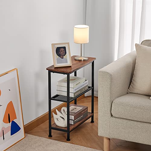 GIOPACO Narrow Side Table, End Table with 3 Tier Storage Shelves, Rustic Skiny End Tables for Small Spaces, Slim Couch Beside Table, Hallway Table for Living Room,Bedroom