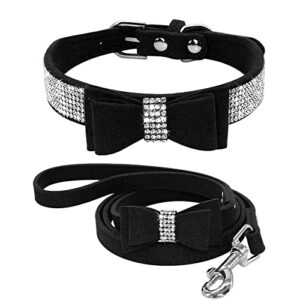benala velvet full crystal rhinestones dog pet collar leash set dog cat shinging diamonds bowknot adjustable necklace set,black,xxs:(neck 6-8")