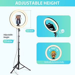 12-inch Ring Light with 62-inch Selfie Stick, Sensyne Tripod and Phone Holder, Selfie Remote Control Circle Light for Live Stream/Video Recording/TikTok, Compatible with All Phones and Cameras