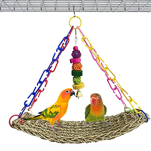 kathson Bird Seagrass Mat,Birds Swing Toy,Natural Grass Handmade Woven Hammock Hanging Parrot Lounger with Colour Toys for Lovebird,Cockatiel,Canary,Parakeets,Finch,Budgie (2 Pcs)