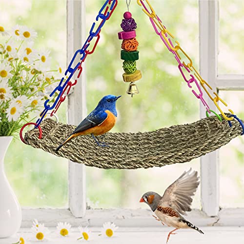 kathson Bird Seagrass Mat,Birds Swing Toy,Natural Grass Handmade Woven Hammock Hanging Parrot Lounger with Colour Toys for Lovebird,Cockatiel,Canary,Parakeets,Finch,Budgie (2 Pcs)