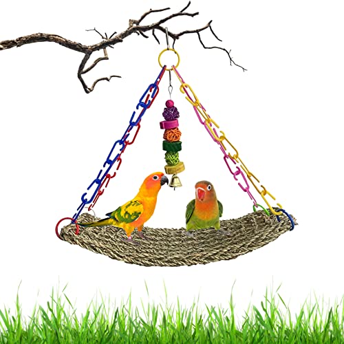 kathson Bird Seagrass Mat,Birds Swing Toy,Natural Grass Handmade Woven Hammock Hanging Parrot Lounger with Colour Toys for Lovebird,Cockatiel,Canary,Parakeets,Finch,Budgie (2 Pcs)