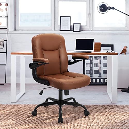 YAMASORO Modern Home Office Desk Chairs Leather Office Chair with Wheels Swivel Rolling Chair Mid-Back Task Chair for Adults,Brown