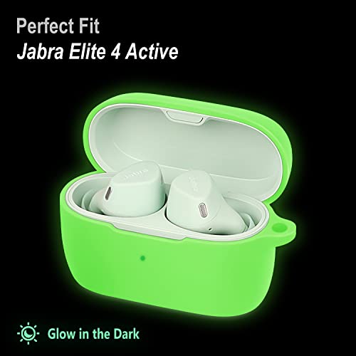 Geiomoo Silicone Case Compatible with Jabra Elite 4 Active, Protective Cover with Carabiner (Luminous Green)