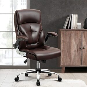 YAMASORO Executive Office Chair,Ergonomic Chair with Lumbar Support,Comfortable Computer Desk Chairs Flip up Arms and Wheels Swivel Task Chair, Brown