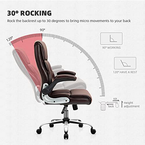 YAMASORO Executive Office Chair,Ergonomic Chair with Lumbar Support,Comfortable Computer Desk Chairs Flip up Arms and Wheels Swivel Task Chair, Brown