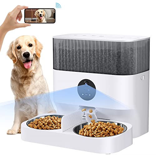 JAMOTOLLY Automatic Cat Feeder,Automatic Dog Feeder with HD Camera,5L Double Stainless Steel Bowls Pet Feeder with APP,Smart Food Dispenser for Cat and Dog,10s Voice Recorder Dual Power Mode 3 Heights