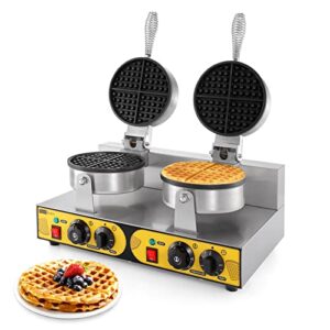 dyna-living commercial waffle maker double heads 110v 2400w non-stick round stainless steel waffle iron machine for restaurant bakeries snack bar