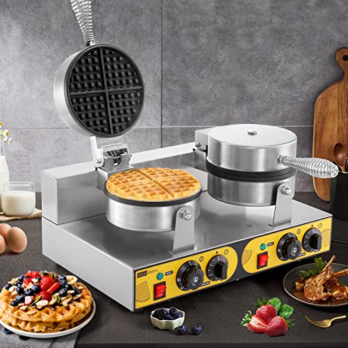 Dyna-Living Commercial Waffle Maker Double Heads 110V 2400W Non-stick Round Stainless Steel Waffle Iron Machine for Restaurant Bakeries Snack Bar