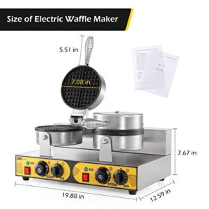 Dyna-Living Commercial Waffle Maker Double Heads 110V 2400W Non-stick Round Stainless Steel Waffle Iron Machine for Restaurant Bakeries Snack Bar