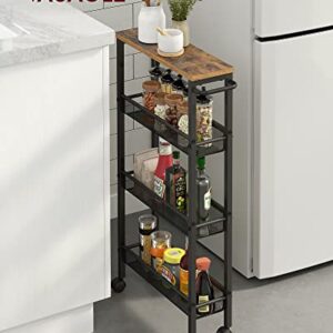 VASAGLE Slim Storage Cart, 4-Tier Rolling Cart Tower, Slide Out Cart with Handle Metal Mobile Shelving Unit for Kitchen Dining Living Room Office Narrow Places, Rustic Brown and Black ULRC032B01V1