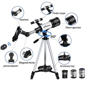 Telescope for Adults & Kids, 70mm Aperture 400mm Refractor Telescope (24X-180X) for Astronomy Beginners, Portable Telescope with Adjustable Tripod Phone Adapter & Wireless Remote, Gifts for Kids