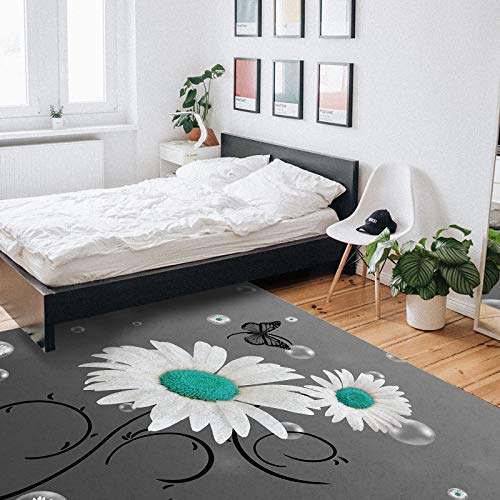 Large Rectangular Area Rugs 4' x 6' Living Room, Blue Green Daisy Bubble Durable Non Slip Rug Carpet Floor Mat for Bedroom Bedside Outdoor Modern Abstract Gray Ombre Floral