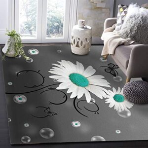 Large Rectangular Area Rugs 4' x 6' Living Room, Blue Green Daisy Bubble Durable Non Slip Rug Carpet Floor Mat for Bedroom Bedside Outdoor Modern Abstract Gray Ombre Floral