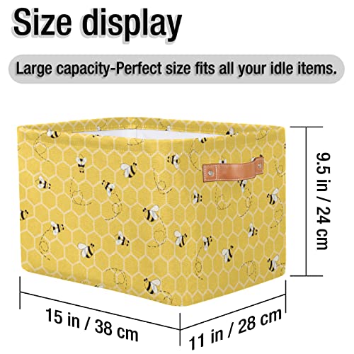 Pardick Yellow Bee Basket Cube Storage Bins Honeycomb Shelves Bee Decor for Bedroom Toys Stuffed Animal Waterproof Laundry Box Bin Basket with Handle for Home Closet Shelf Office Bedroom Gift-2PCS