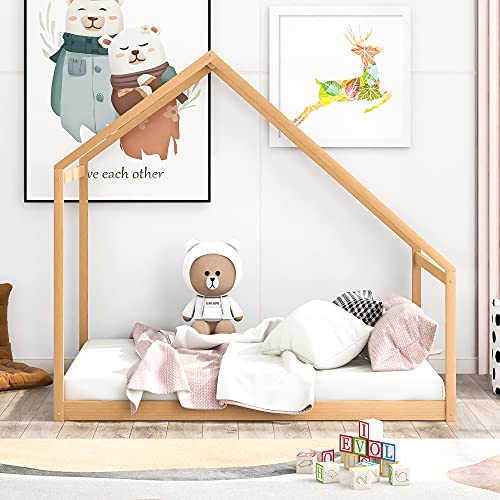 Merax Montessori Bed Wood House Day Bed for Kids Toddlers No Box Spring Needed Natural