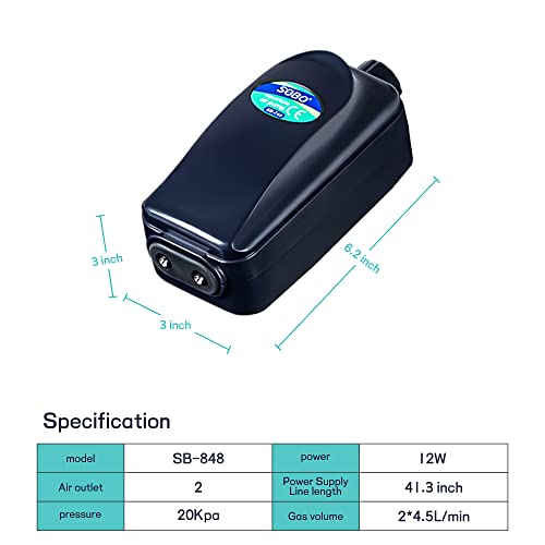 SUNWEN Aquarium Air Pump with Dual Outlet (4.5L/min, 12W), Ultra Quiet Aquarium Oxygen Fish Tank Oxygen Pump with Air Stone, Tube Check Valves and Airline Tubing for Aquarium, Fish Tank