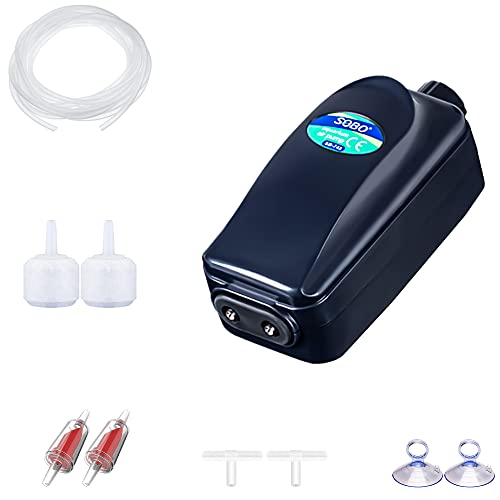 SUNWEN Aquarium Air Pump with Dual Outlet (4.5L/min, 12W), Ultra Quiet Aquarium Oxygen Fish Tank Oxygen Pump with Air Stone, Tube Check Valves and Airline Tubing for Aquarium, Fish Tank