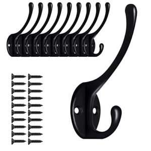 10 pack black wall hooks for hanging, metal coat hooks wall mounted cubicle accessories, retro double hooks heavy duty door hanger for towel, hat, key, closet, bag