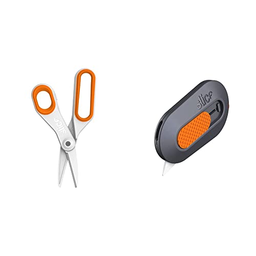 Slice 10545 Ceramic (Large), Rounded Tip Finger-Friendly Edge, Safer Choice, Lasts 11x Longer Than Metal, Safety Scissors (1 Pack) & 10515 Mini Box Cutter, Ceramic Blade Locks Into Position