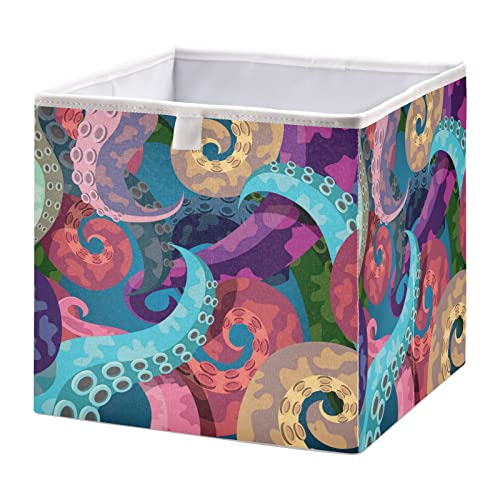 Colorful Octopus Tentacles On Blue Rectangular Collapsible Open Storage Bins, Foldable Toy Nursery Basket Bin Cloth Cube Organizer with Handles for Shelves Closet