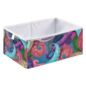 Colorful Octopus Tentacles On Blue Rectangular Collapsible Open Storage Bins, Foldable Toy Nursery Basket Bin Cloth Cube Organizer with Handles for Shelves Closet