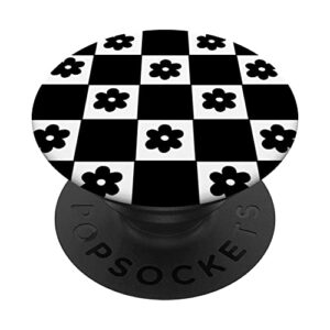 Classic Checkered Checker Checkerboard Black Flower Pattern PopSockets Swappable PopGrip