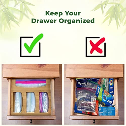 Walmax Bamboo Ziplock Bag Organizer - 12 x 3 x 12 Inches Plastic Bag Organizer - 4 compartments Ziplock Bag Storage Organizer for Kitchen Drawer