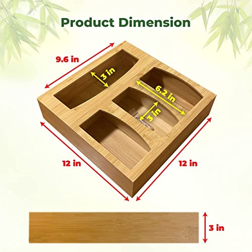 Walmax Bamboo Ziplock Bag Organizer - 12 x 3 x 12 Inches Plastic Bag Organizer - 4 compartments Ziplock Bag Storage Organizer for Kitchen Drawer