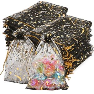 fushenmu 100pcs 4x6 inch black organza jewelry gift bag,moon star drawstring candy bag pouch for wedding baby shower party gift wrapping supply